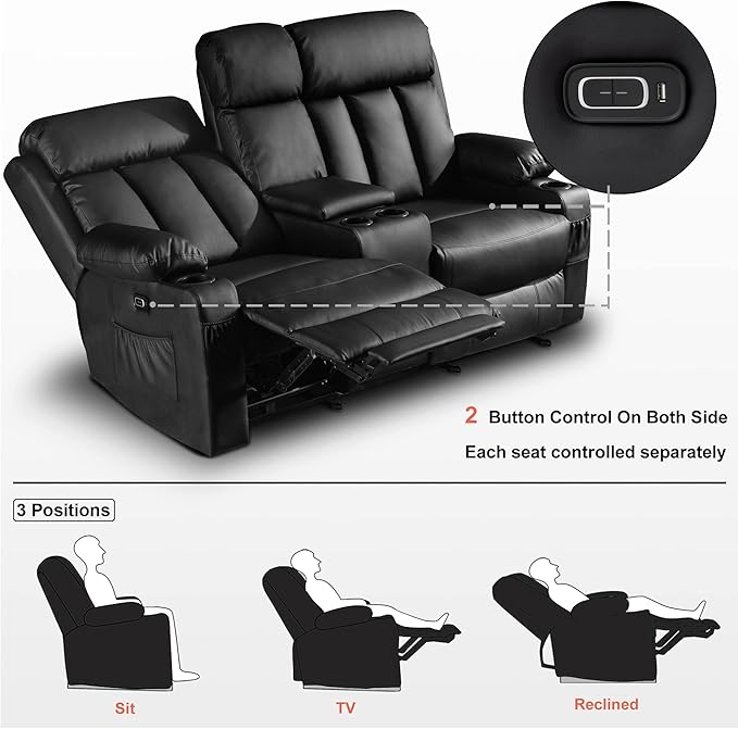 MCombo Loveseat Recliner with Console, Heat and Massage, Power Reclining Sofa for Living Room, Faux Leather 6095 (Black, Loveseat Recliner with Console)