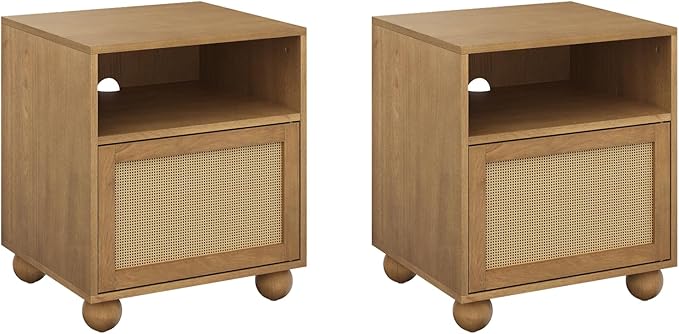 Nathan James Franco Faux Rattan Side Table Nightstand with Storage, Rustic Bedside Table with Solid Wood Legs, Light Brown Set of 2