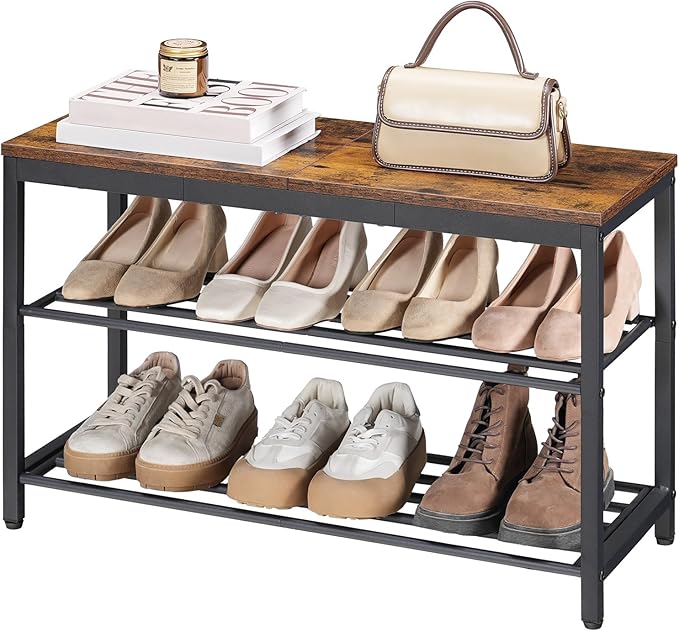 HOOBRO Shoe Bench, 3-Tier Shoe Rack, Industrial Shoe Organizer Storage Bench with Wooden Top, Holds Up to 300 lb, 11.2 x 29.5 x 19.1 Inches, for Entryway, Bedroom, Rustic Brown and Black BF76HX01