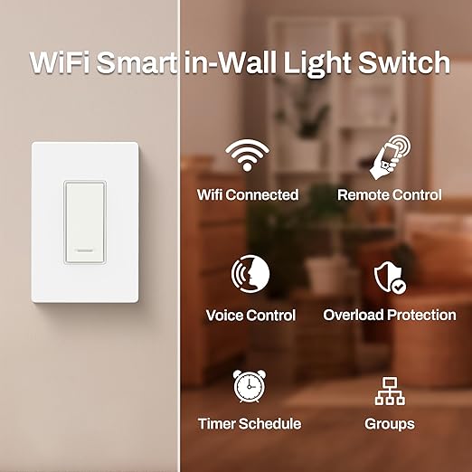 BN-LINK WiFi Smart in-Wall Light Switch, No Hub Required with Timer Function, White, Compatible with Alexa and Google Assistant, Neutral Wire Needed, 2.4 Ghz Network Only