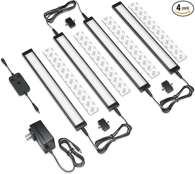 EShine 4 Pack 12 inch Black Smart Dimmable LED Under Cabinet Lighting Kit Compatible with Alexa, Google - Cool White (6000K)