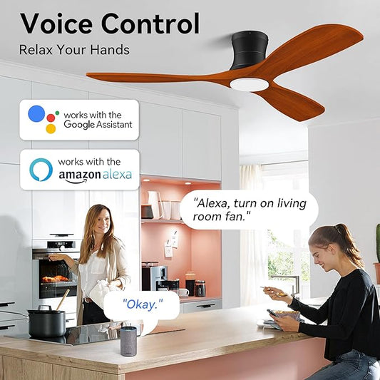 52' Smart Wood Low Profile Ceiling Fan with Lights Remote, Quiet DC Motor, Outdoor Indoor Flush Mount, Voice Control via WIFI Alexa App, Modern Dimmable Lighting for Bedroom Patio
