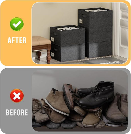 FHSQX 4 Pack Shoe Organizer for Closet,Foldable Shoe Organizer,Fits up to 48 Pairs,Storage Containers With Bottom Support for Shoes (Black, (16.5 * 12.6 * 9.5) x4)