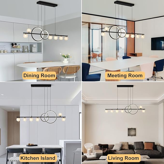 Modern Black Gold Chandeliers for Dining Room, 47in Dimmable LED Chandelier Linear Pendant Light for Kitchen Island, Upgraded 6 Globe Hanging Pendant Chandelier Lighting (2 Rings, 4200lm)