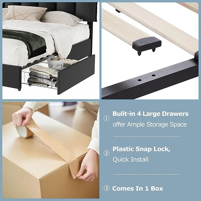 VECELO King Size Bed Frame with 4 Storage Drawers, Adjustable Height Headboard, Heavy-Duty Bedframe with Strong Wooden Slats, No Box Spring Needed, Black