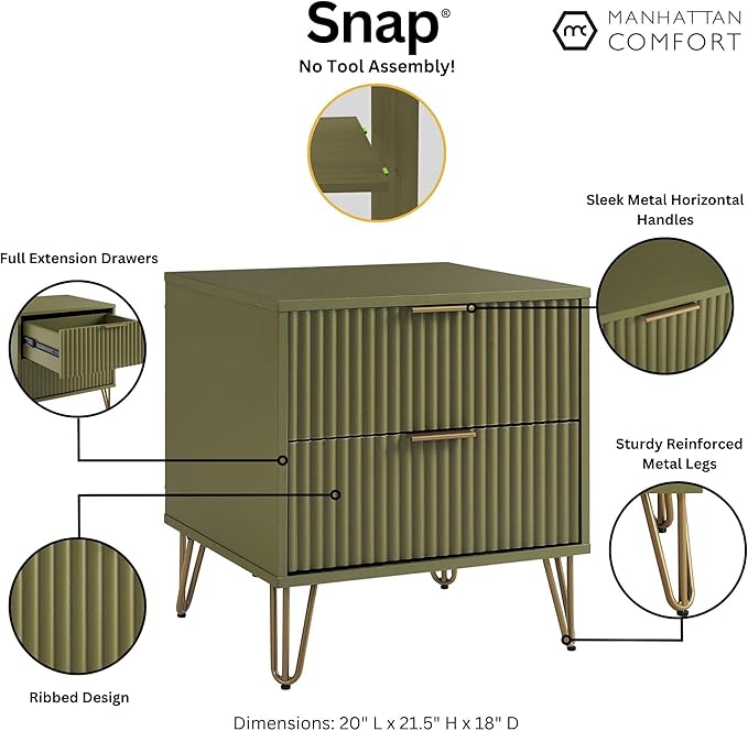 Manhattan Comfort Dumbo Modern Nightstand 2.0 with 2 Drawer and Metal Feet | Splayed Gold Legs | Vertical Ribbed Design | No Tool Assembly Storage for Bedroom, Set of 2, Set of 2, Olive Green