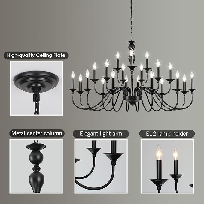 Black Chandelier 21 Light, Large Farmhouse Chandeliers for Dining Room Light Fixtures Over Table, 3 Tier Industrial Candle Hanging Lighting Fixture for Living Room Foyer Staircase Restaurant Villa