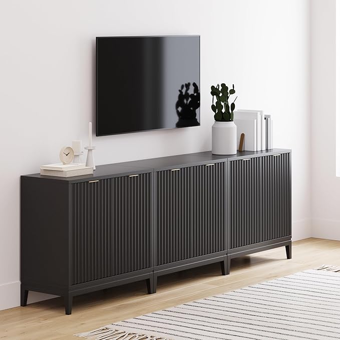 Nathan James Jasper Modern Sideboard, TV Stand with Fluted Doors, Accent Storage for Kitchen or Living Room, Black Oak, Set of 3
