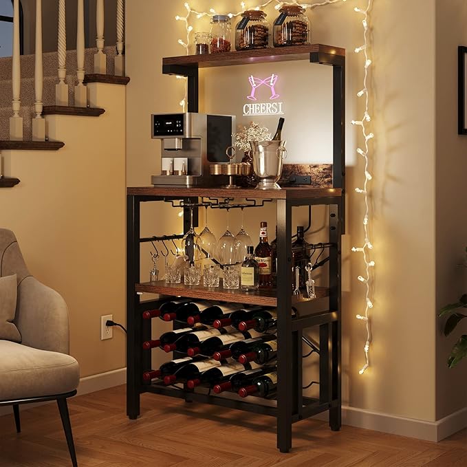 YITAHOME Kitchen Microwave Bakers Stand with Wine Rack, Wine Rack Freestanding Floor Small Storage Shelves for Liquor Bottle Glasses Power Outlet Farmhouse Coffee Bar 31 Inch, Rustic Brown