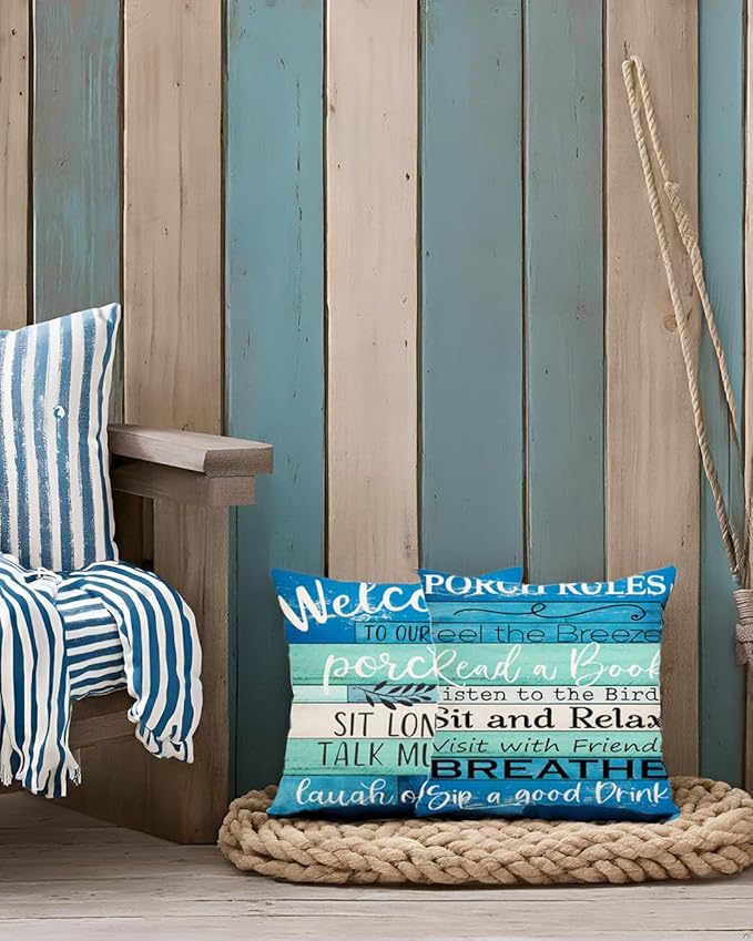 Jartinle Waterproof Outdoor Pillow Covers 18x18 - Turquoise Blue Beige Woodgrain Coastal Farmhouse Welcome to Porch Decorative Cushion Covers for Patio Furniture, Set of 2
