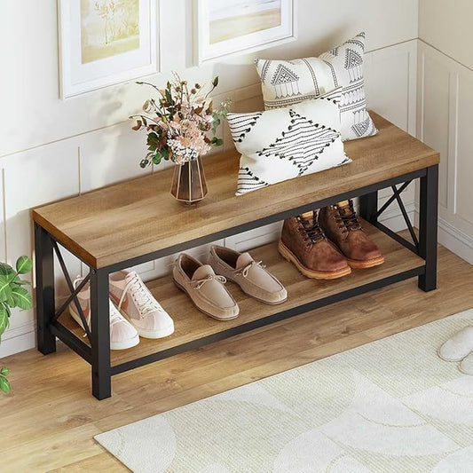 BON AUGURE Entryway Bench for Mudroom, Modern Wood and Metal Storage Bench, Farmhouse Shoe Entry Benches for Bedroom, Hall (47 inch Wide, Vintage Oak)