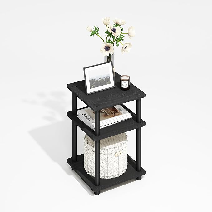 Furinno Turn-N-Tube Side Table, 3-Tier Square Modern End Table with Open Shelf, Night Stand, Bedside Table, Easy Assembly, for Living Room, Bedroom, Darkwood