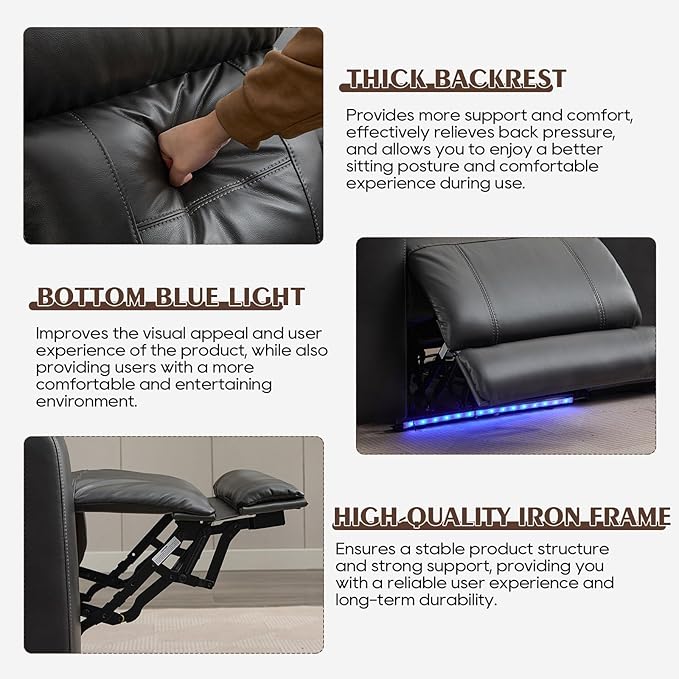 Power Reclining Sofa with Adjustable Headrest/LED Light, Electric Reclining Couch with Dual Ports, Storage, Outlet, Power Loveseat Recliner Sofa for Living Room,Apartment (Dark Grey, 3 Seater)