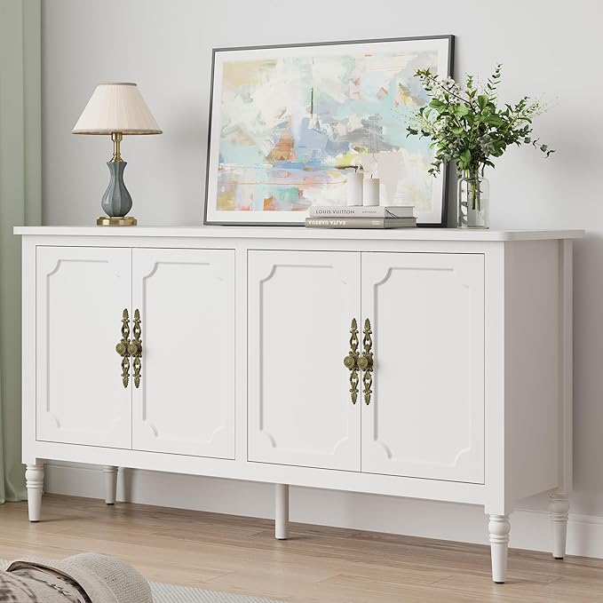 Sideboard with 4 Doors, Mid-Century Console Table with Adjustable Shelves, Accent Cabinet for Entryway, Living Room, Dining Room, White