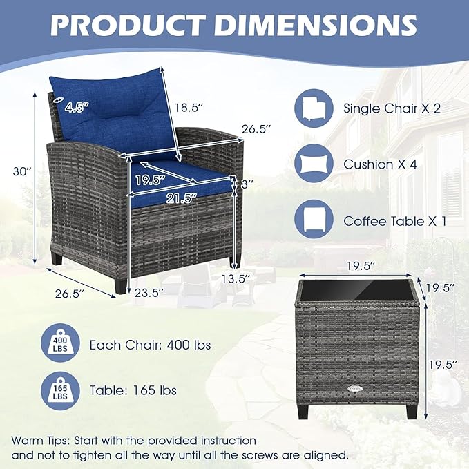 LDAILY Patio Furniture Set, 3 Pieces PE Rattan Wicker Patio Sofa Chairs with Washable Cushion & Glass Table, Outdoor Furniture Conversation Sets for Porch, Balcony, Garden, Poolside (Navy)