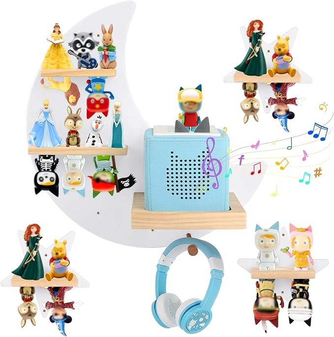 Moon + Stars for Toniebox 1/2 Tonies Figures Organizer Storage Shelf Wall Mounted, Magnetic Floating Shelves for Toniebox Player, Characters, Earphones, Display Collection 20~30 Characters (White)