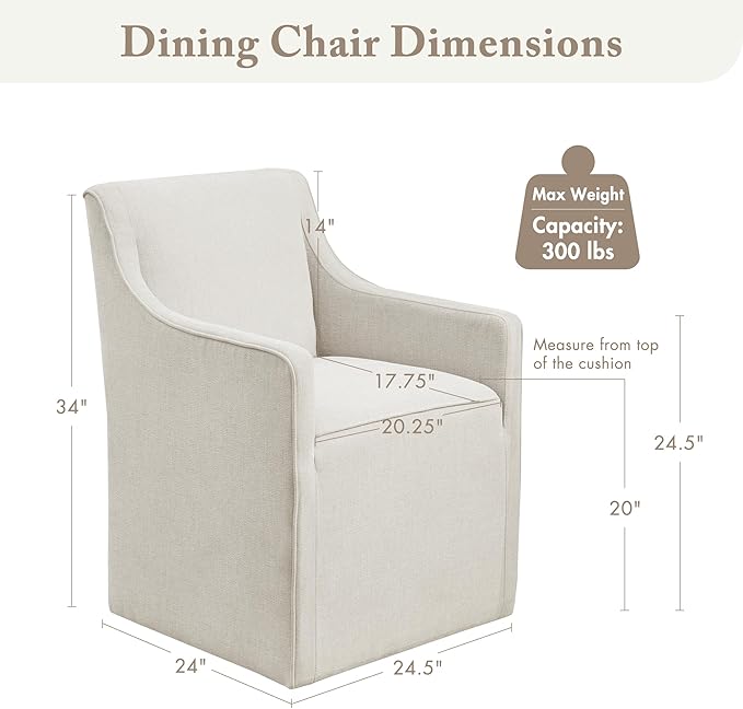 Madison Park Dining Chair with Hidden Casters, 20" Thick Seat Foam Cushion, Upholstered, Padded, Modern Farmhouse Dining Chair, Fully Assembled, Charlotte, 34" H, Cream