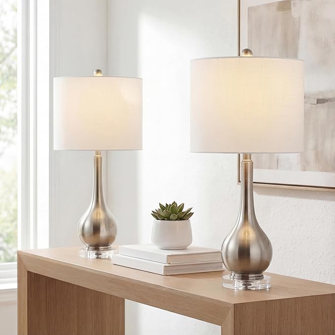 JONATHAN Y 25" Nickel Metal and Crystal Teardrop LED Table Lamp for Bedroom Living Room Bedside Nightstand, White Linen Drum Shade, LED Bulb Included, Set of 2 (JYL5010B-SET2)