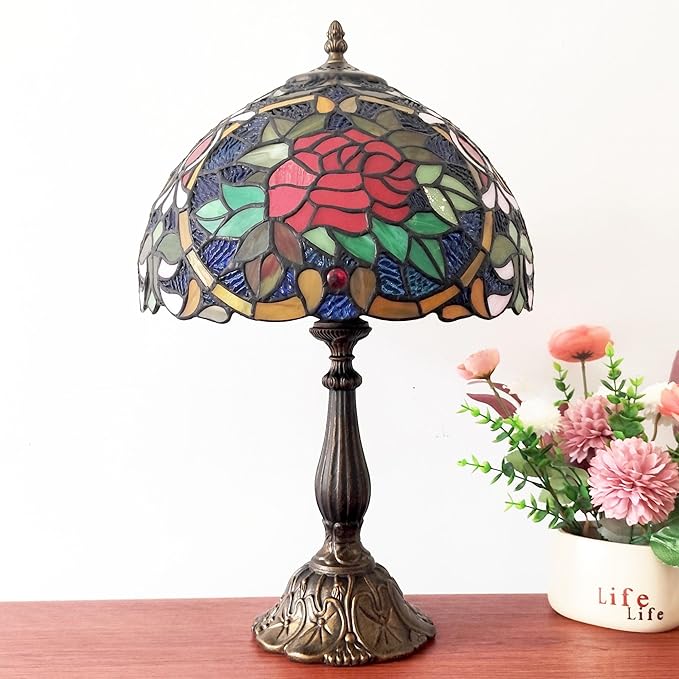 Tiffany 3-Color Stained Glass Lamp - Vintage Beside Reading Lamp, 12 inch Living Room Light, Flowers Style Antique Nightstand Light (Red Roses Heart)