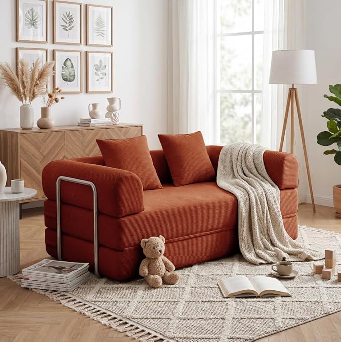 53.15'' Convertible Compressed Corduroy Folding Cloud Sofa Bed, Modern Boneless Pull Out Loveseat Sleeper in a Box, 4 in 1 Floor Mattress Futon Cloud Couch, No Assembly Needed, Orange, Pillows, Full