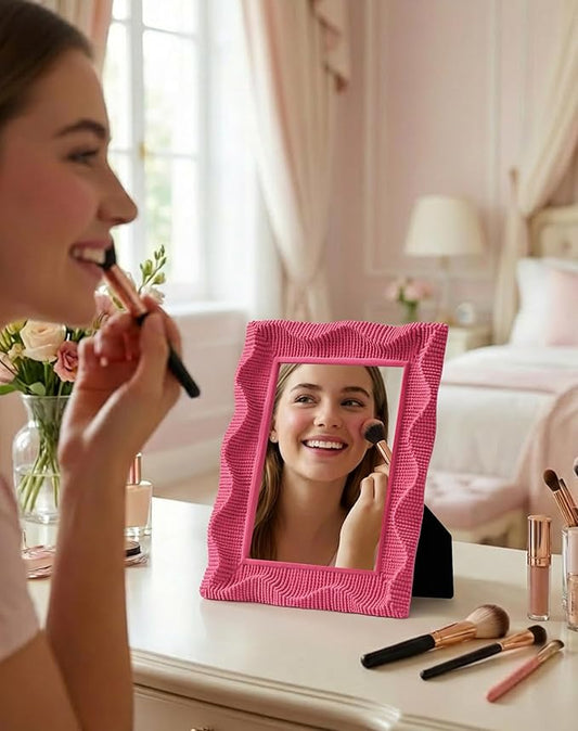 Modern Aesthetic Mirror for Girly Bedroom Wall Decoration, 9.5x7.5 Makeup Table Mirror with Wavy Frame for Creative Workspace, Room Makeover Gift for Mom Daughter Sister Friend (Rose Pink)