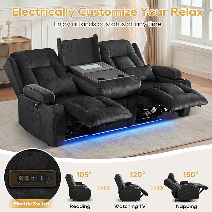 IPKIG Power Recliner Sofa with Flip-Up Backrest Console, USB & USB-C Ports, AC Outlet, LED Lights, Wall Hugger Recliners for Living Room, RV (Drak Grey, 76.8" - 3 Seat) | Velvet Fabirc, Zero Gravity, Dual Reclining, 2 Lumabr Pillow