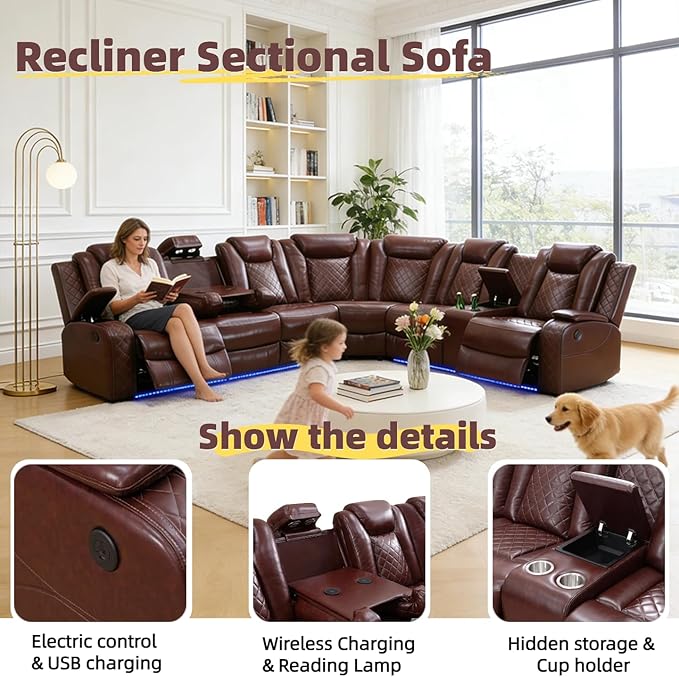 Power Reclining Sectional Sofa with LED, Leather Recliner Couch for Living Room/Home Theater, Sectional Reclining Couches with Wireless Charging/Hide-Away Storage