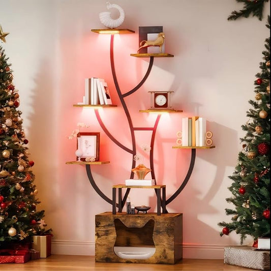 YITAHOME Tall Bookshelf with LED Light, Artistically Designed Tree Bookshelf with Cats Litter Box, 8-Tier Unique Bookshelves Corner Display Shelf for Home Office, Bedroom