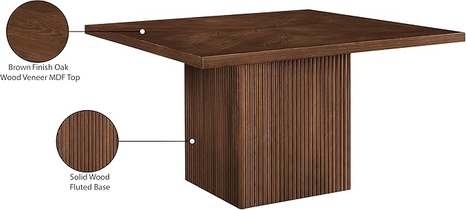 Meridian Furniture 729Brown-T Belinda Collection Mid-Century Modern Dining Table, Solid Wood Base, Brown Finish Oak Wood Veneer MDF Top, Square Top, Fluted Base, 54" W x 54" D x 31" H, Brown