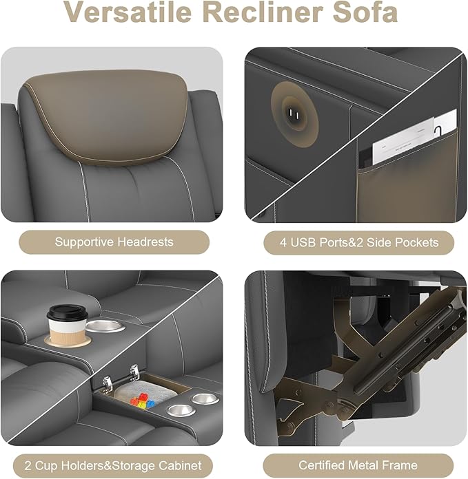 Dresegmt Recliner Sofa, 2 - Way Multi - Function Manual 3 Seater Couch with Cup Holders, Storage & USB Ports, Modern Multifunctional Sofa, Breathable Grey PU Leather Reclining Couch for Living Room