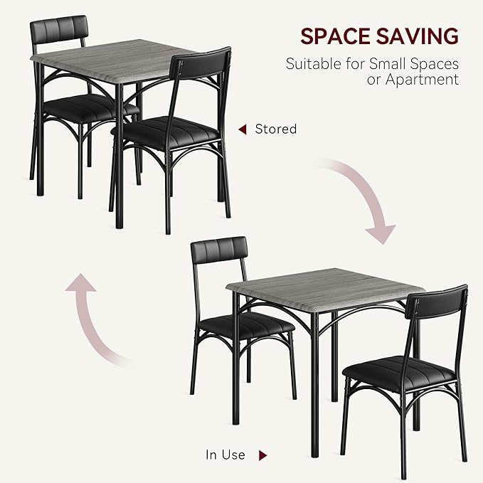 3-Piece Dining Table Set for 2, Kitchen Table Set with 2 Upholstered Chairs, Square Dining Table Set for Apartment, Studio, Small Space, Gray