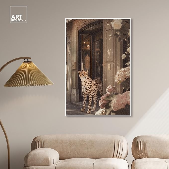 Art Remedy Cheetah at the Store Canvas Fashion Designer Wall Art, White Frame, 30" x 45"