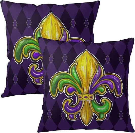 Mardi Gras Pillow Covers 22x22 Set of 2 Fleur De Lis Decorative Throw Pillows Purple Green Gold Outdoor Decorative Holiday Pillow Cases for Porch Sofa Couch Party Decor