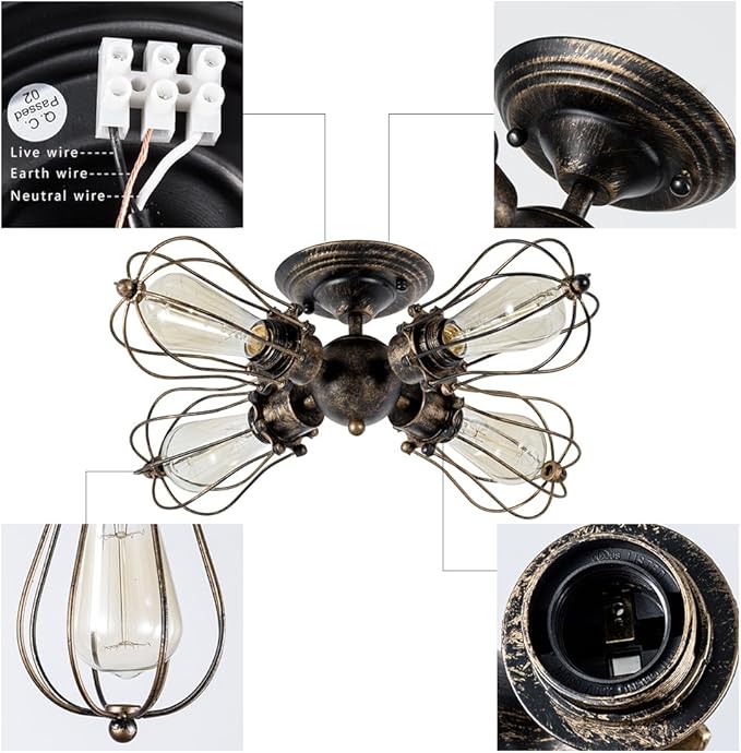 Vintage Ceiling Light Industrial Semi-Flush Mount Ceiling Light Metal Fixtures Painted Finish (with 4 Light) (Bronze)