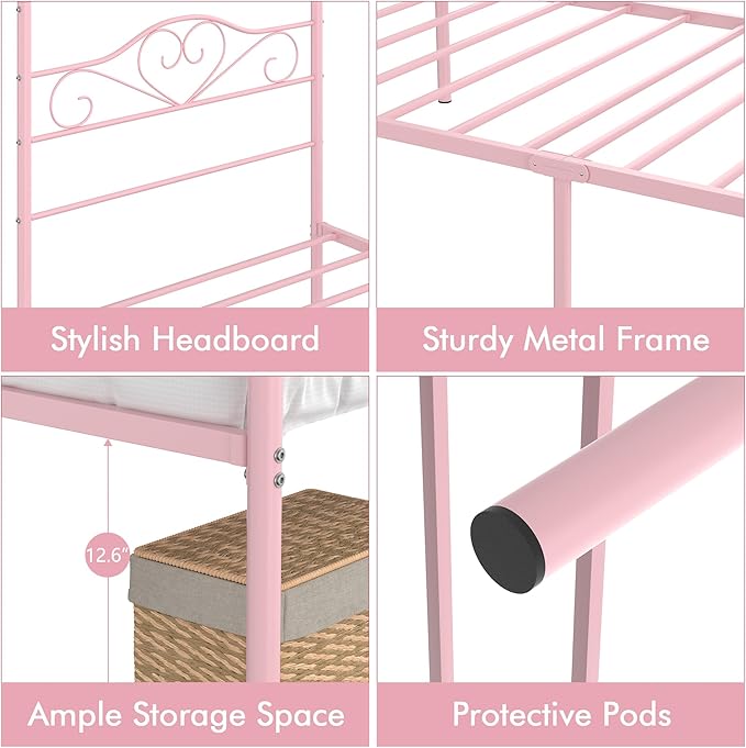 VECELO Twin Canopy Bed Frame with Headboard and Footboard, Metal Four Posters Design, Mattress Foundation Platform with Steel Slats Support, Underbed Storage Space, No Box Spring Needed, Pink