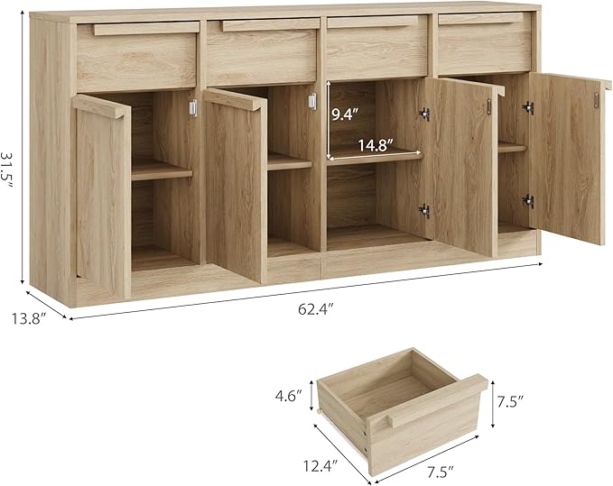 GarveeHome Sideboard Buffet Cabinet with 4 Drawers, 62.4 in Large Coffee Cabinet with Storage, Modern Storage Buffet Table for Kitchen Dining Room, Living Room (Pear Wood, 4 Doors & 4 Drawers)