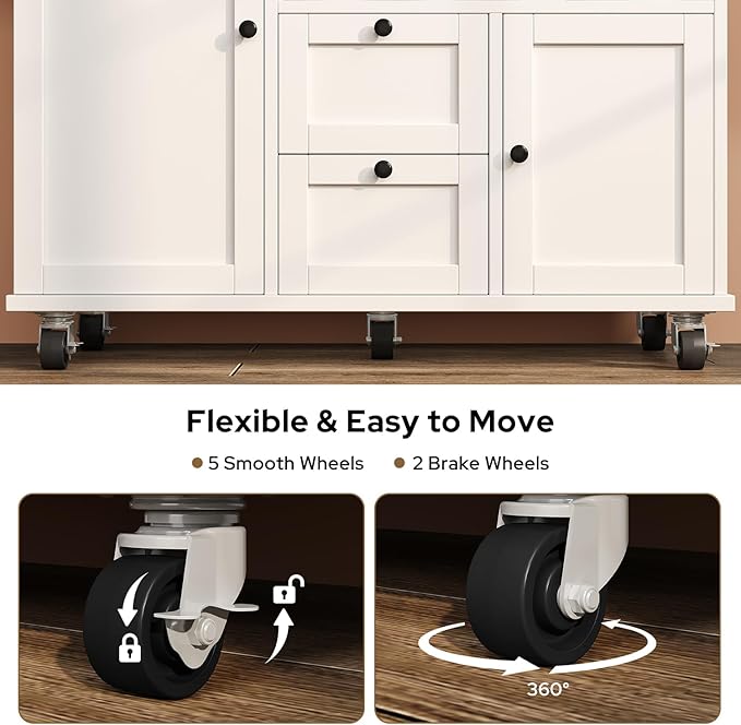 Rolling Kitchen Island with Storage Cabinet, 41.3'' Width Kitchen Cart with Desktop Drop Leaf Countertop, Portable Mobile Island with Towel Rack, Spice Rack Shelf, White