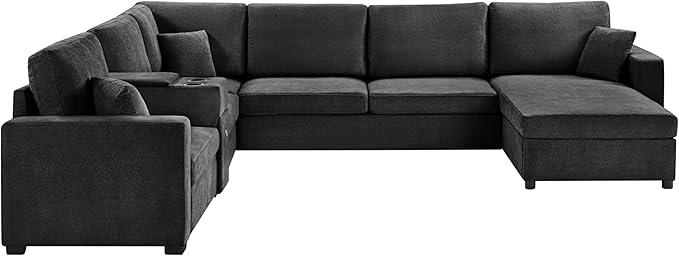 Merax Modern 134" Oversized Sectional Sofa with Piollows & Chaise Lounge, Chenille U‑Shaped Couch Set Sleeper Bed Built‑in Cup Holders, Storage Drawer for Living Room, Free Combination Black