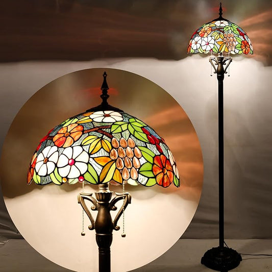 Tiffany Floor Lamp Green Purple Grape Stained Glass Standing Reading Light 16X16X66 Inches Antique Pole Corner Lamp Decor Bedroom Living Room