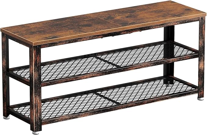 Rolanstar Shoe Bench, 3-Tier Shoe Rack, 40” Storage Entry Bench with Mesh Shelves Wood Seat, Rustic Foyer Bench for Hallway Front Door, Doorway, Living Room, Mudroom, Steel Frame, Rustic Brown