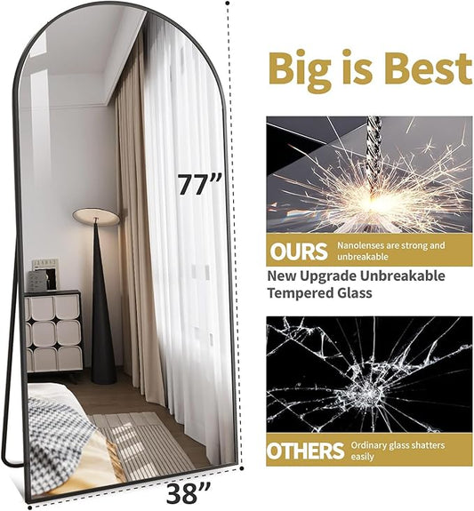77x38 Inch Gold Arched Full Length Mirror - Freestanding Floor Mirror with Stand, Shatterproof Glass & Anti-Tip Base for Large Living Room, Bedroom, Entryway