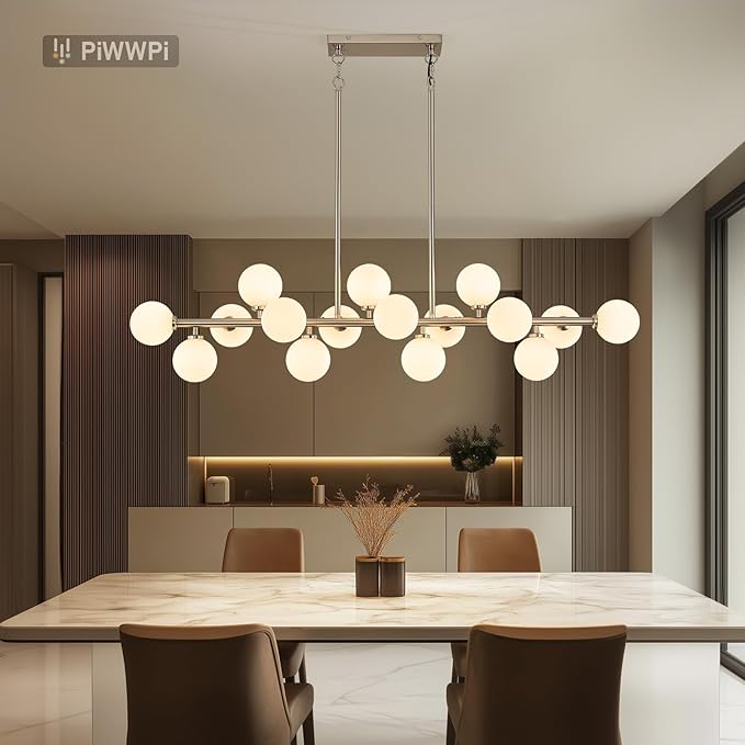 55" Long Chandeliers for Dining Room Kitchen Island, Large Globe Sputnik Linear Chandelier, 16 Lights Mid Century Modern Light Fixture Over Table,Nickel and Milk White Bubble, GC-08