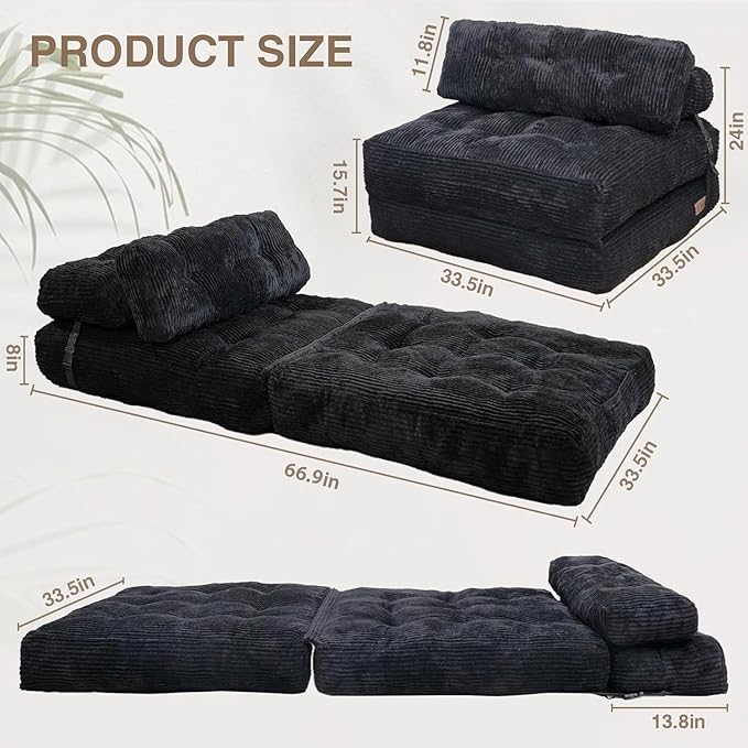 Folding Sofa Bed, Folding Chair Bed with Pillow, Convertible Lazy Sofa Bed with High-Density Support Foam, Fold Out Chair for Small Spaces Living Room Bedroom, Black