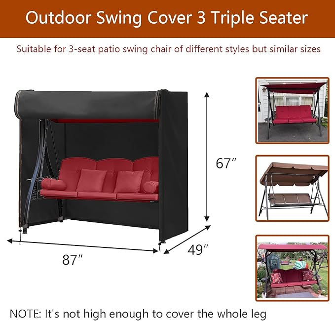 FLYMEI Outdoor Swing Cover 3 Triple Seater Hammock Cover for Porch Swing Canopy Glider Chair and Other Patio Furniture, Waterproof Windproof All Weather Protection, 87'' (L) x 49''(W) x 67''(H)