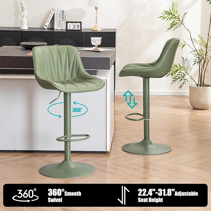Kidol & Shellder Bar Stools Set of 2 Green Adjustable Swivel Counter Height Barstools Upholstered Modern PU Leather Bar Chairs Stools for Kitchen Island