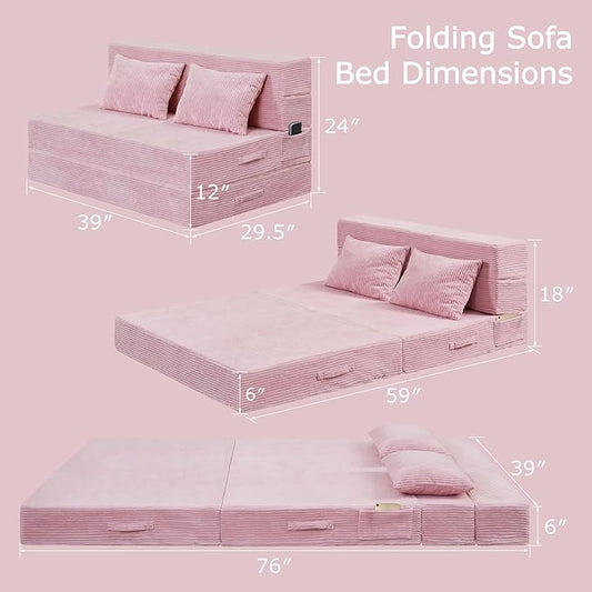 Folding Sofa Bed, 4 in 1 Convertible Sleeper Chair with Pillow, Twin Memory Foam Fold Out Chair Bed, Modern Floor Futon Sofa Couch Mattress for Living Room/Guest/Apartment, Pink