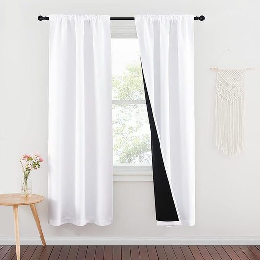 NICETOWN 100% Blackout Window Curtain Panels, Cold and Full Light Blocking Drapes with Black Liner, 72 Inches Drop Thermal Insulated Draperies for Studio (White, 2 Pieces, 37 inches Wide Each Panel)