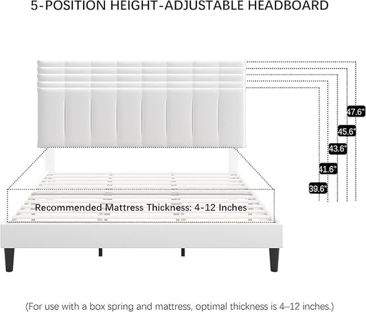 VECELO King Size Bed Frame with Upholstered Headboard, Heavy-Duty Bedframe with Strong Wooden Slats Support, No Boxing Spring Needed, Pure White