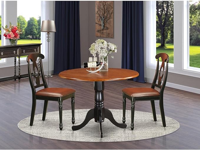 East West Furniture DLKE3-BCH-LC 3 Piece Modern Dining Table Set Contains a Round Wooden Table with Dropleaf and 2 Faux Leather Kitchen Dining Chairs, 42x42 Inch, Black & Cherry