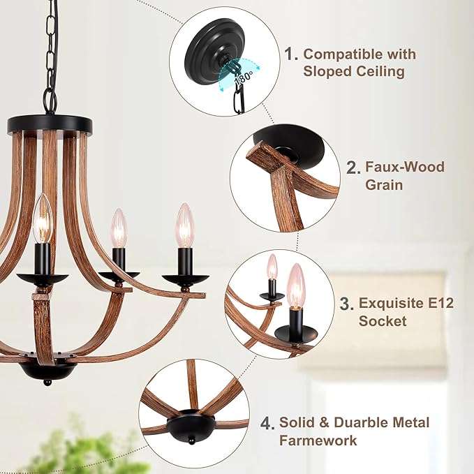 21" Farmhouse Chandelier, 5-Light Rustic Dining Room Light Fixture, Farmhouse Chandeliers for Dining Room, Faux Wood Texture Adjustable Pendant Lighting for Living Room, Kitchen, Foyer, Entryway
